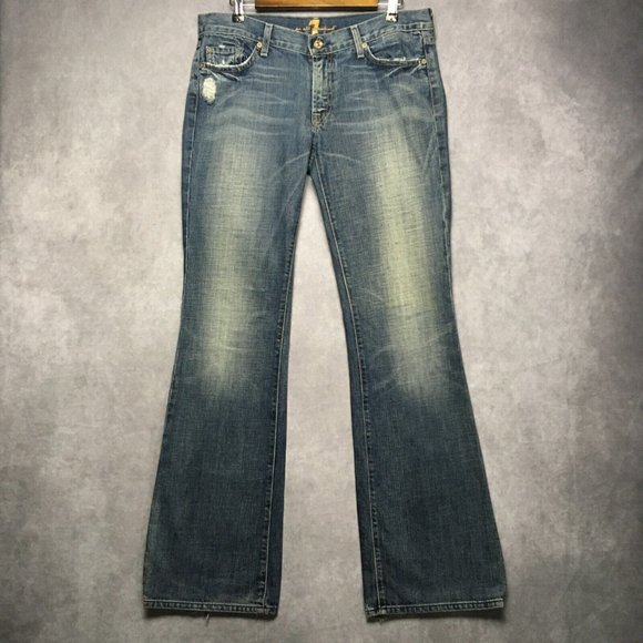 7FAM Womens Flare Blue Jeans - size 31 - 100% Cotton Distressed Made USA Denim - Picture 1 of 12